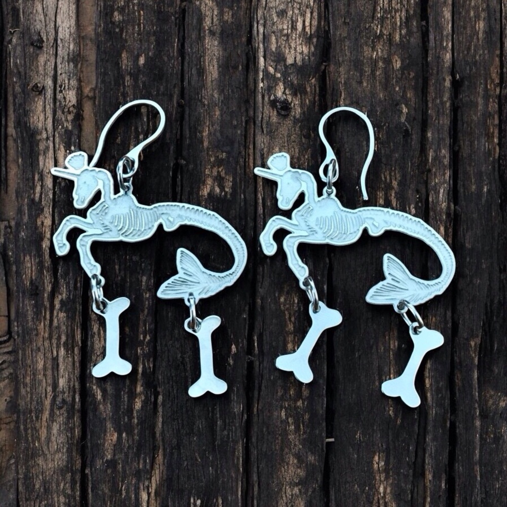🆕 Seahorse Skeleton and Bones Laser Etched Earrings Stainless Steel